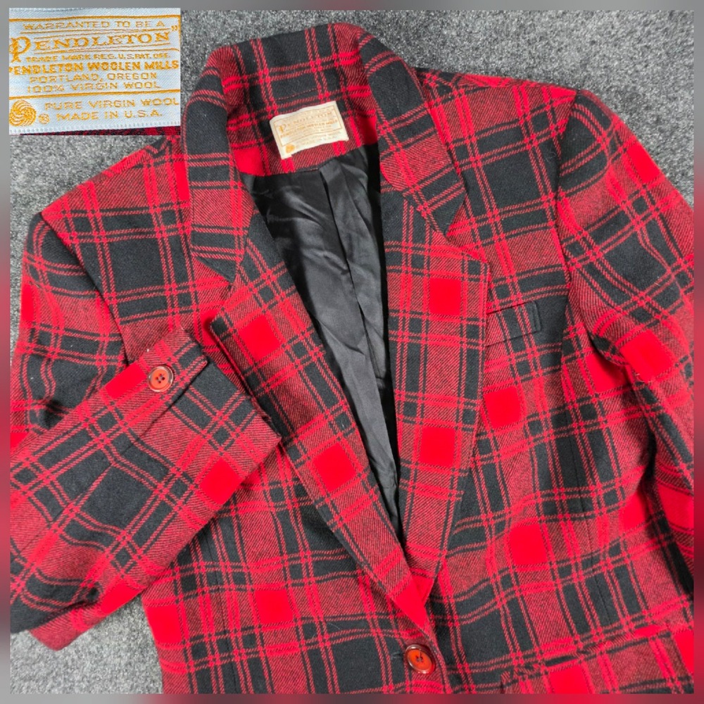 Pendleton Blazer Womens 8 Red Black Buffalo Plaid Wool 1-Button VTG Made In USA